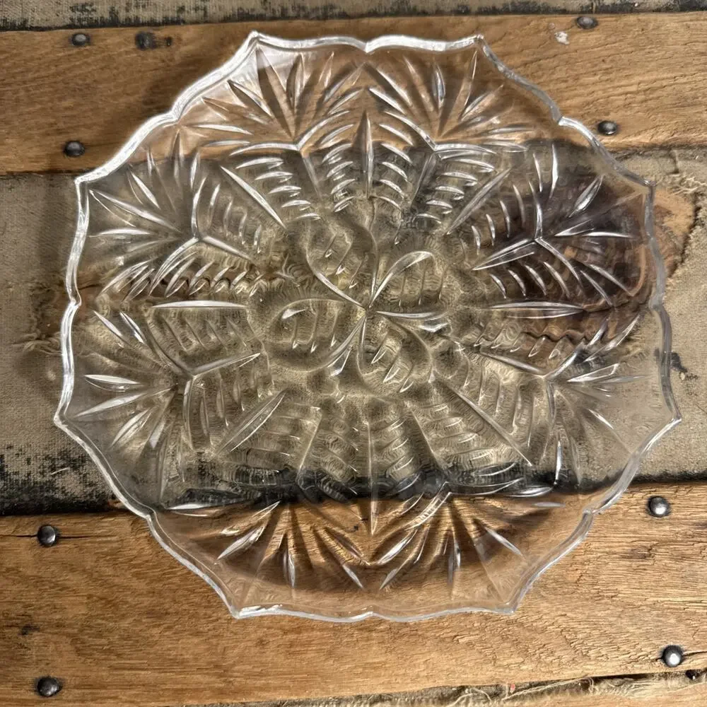 Vintage Crystal Clear Cut Glass Trivet Tray Candy Plate 7.25”